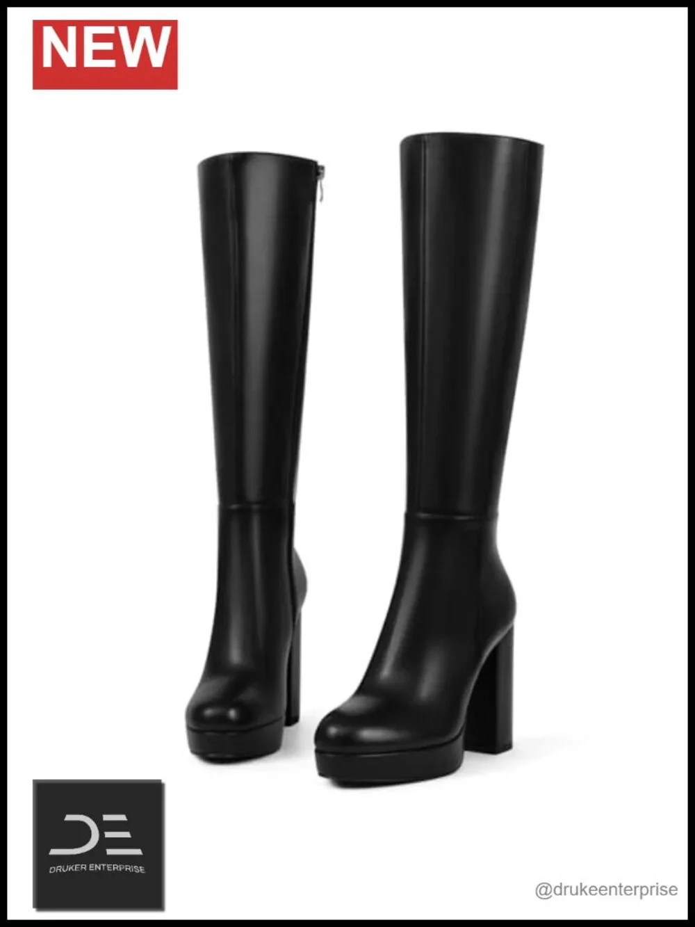 Platform Knee High Boots Chunky High Heel Round Toe Side Zipper Gogo Boots